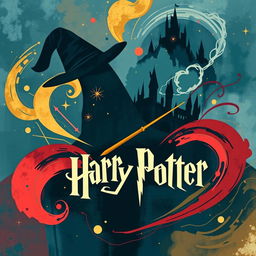 An abstract poster inspired by the Harry Potter universe, featuring iconic symbols such as the Sorting Hat, Hogwarts castle silhouette, and a wand casting magical spells