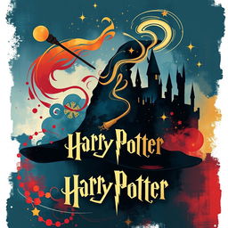 An abstract poster inspired by the Harry Potter universe, featuring iconic symbols such as the Sorting Hat, Hogwarts castle silhouette, and a wand casting magical spells