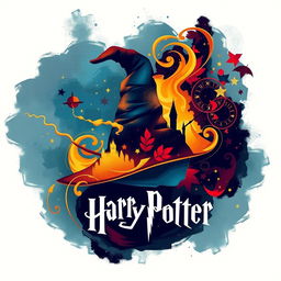 An abstract poster inspired by the Harry Potter universe, featuring iconic symbols such as the Sorting Hat, Hogwarts castle silhouette, and a wand casting magical spells