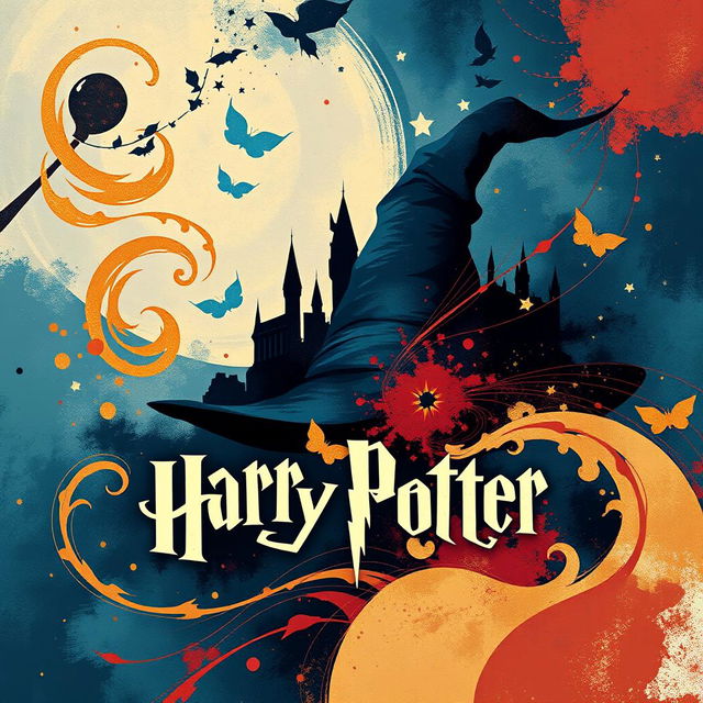 An abstract poster inspired by the Harry Potter universe, featuring iconic symbols such as the Sorting Hat, Hogwarts castle silhouette, and a wand casting magical spells