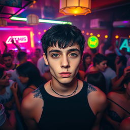 A lively house party scene filled with numerous cheerful partygoers, music playing in the background, and vibrant fluorescent lights illuminating the atmosphere