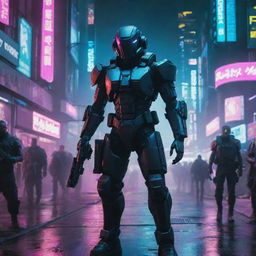 A relentless cyberpunk army, armored in high-tech gear, wielding futuristic weaponry and supported by engaging machines in an urban, neon-lit atmosphere