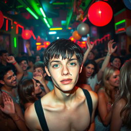 A lively house party scene filled with numerous cheerful partygoers, music playing in the background, and vibrant fluorescent lights illuminating the atmosphere
