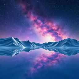 Breathtaking mountains with smooth, glass-like surfaces that beautifully reflect a starry sky filled with vibrant galaxies and twinkling stars