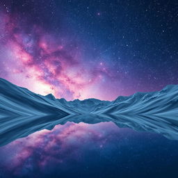 Breathtaking mountains with smooth, glass-like surfaces that beautifully reflect a starry sky filled with vibrant galaxies and twinkling stars