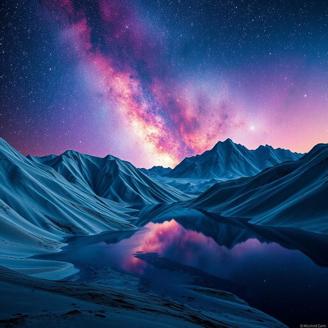 Breathtaking mountains with smooth, glass-like surfaces that beautifully reflect a starry sky filled with vibrant galaxies and twinkling stars