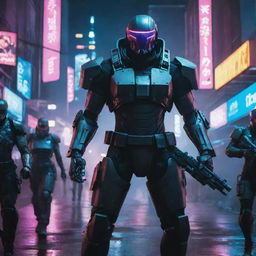 A relentless cyberpunk army, armored in high-tech gear, wielding futuristic weaponry and supported by engaging machines in an urban, neon-lit atmosphere