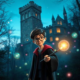 A magical scene set in a mystical forest, featuring a young wizard with round glasses and a lightning bolt scar, wearing a Hogwarts robe and holding a wand