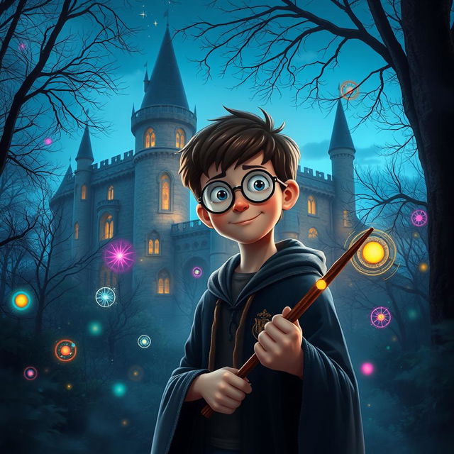 A magical scene set in a mystical forest, featuring a young wizard with round glasses and a lightning bolt scar, wearing a Hogwarts robe and holding a wand