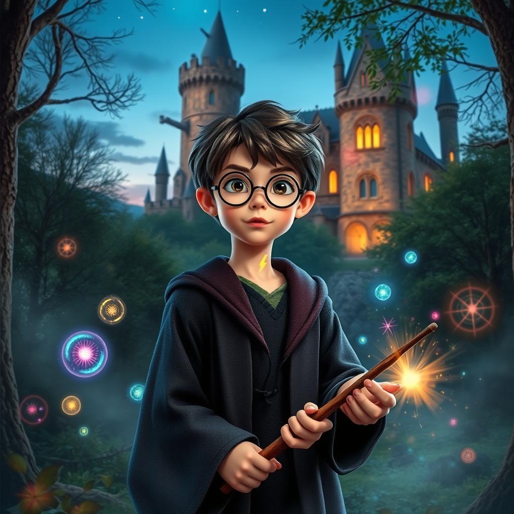 A magical scene set in a mystical forest, featuring a young wizard with round glasses and a lightning bolt scar, wearing a Hogwarts robe and holding a wand