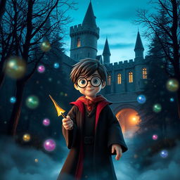 A magical scene set in a mystical forest, featuring a young wizard with round glasses and a lightning bolt scar, wearing a Hogwarts robe and holding a wand