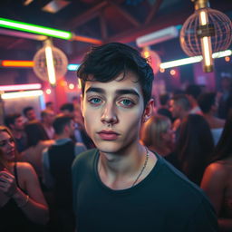 A vibrant house party scene filled with numerous energetic guests enjoying themselves under bright fluorescent lights
