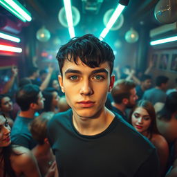 A vibrant house party scene filled with numerous energetic guests enjoying themselves under bright fluorescent lights