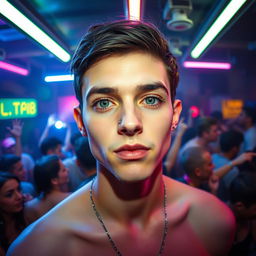 A vibrant house party scene filled with numerous energetic guests enjoying themselves under bright fluorescent lights