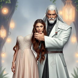 A beautiful young woman with long brown hair cascading down her shoulders and striking green eyes, dressed in an elegant gown, stands confidently holding at arm's length a tall and powerful man