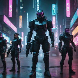 A relentless cyberpunk army, armored in high-tech gear, wielding futuristic weaponry and supported by engaging machines in an urban, neon-lit atmosphere