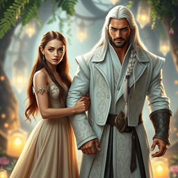 A beautiful young woman with long brown hair cascading down her shoulders and striking green eyes, dressed in an elegant gown, stands confidently holding at arm's length a tall and powerful man