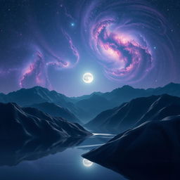 A serene moonlit scene featuring mountains with smooth, glass-like surfaces that reflect a stunning array of galaxies above