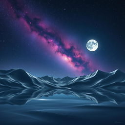 A serene moonlit scene featuring mountains with smooth, glass-like surfaces that reflect a stunning array of galaxies above