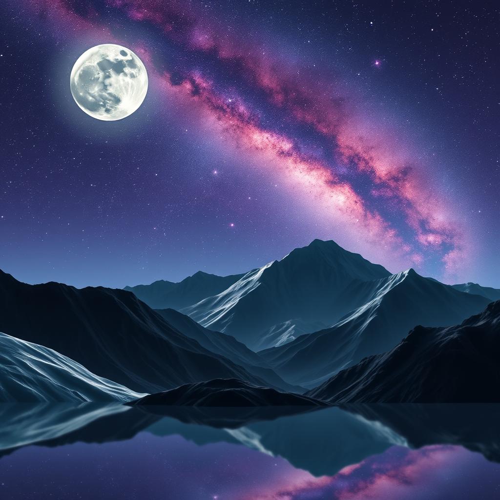 A serene moonlit scene featuring mountains with smooth, glass-like surfaces that reflect a stunning array of galaxies above