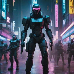 A relentless cyberpunk army, armored in high-tech gear, wielding futuristic weaponry and supported by engaging machines in an urban, neon-lit atmosphere