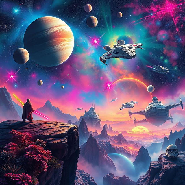 A vibrant and expansive Star Wars-themed scene depicting a vast galaxy with iconic elements such as a spaceship soaring through space, numerous planets in vivid colors, and luminous stars twinkling in the background