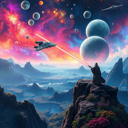 A vibrant and expansive Star Wars-themed scene depicting a vast galaxy with iconic elements such as a spaceship soaring through space, numerous planets in vivid colors, and luminous stars twinkling in the background