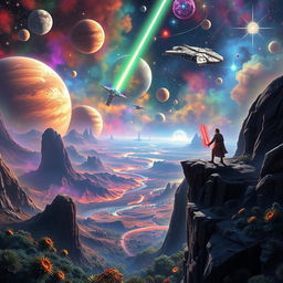 A vibrant and expansive Star Wars-themed scene depicting a vast galaxy with iconic elements such as a spaceship soaring through space, numerous planets in vivid colors, and luminous stars twinkling in the background