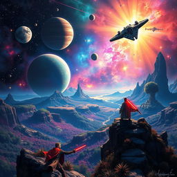 A vibrant and expansive Star Wars-themed scene depicting a vast galaxy with iconic elements such as a spaceship soaring through space, numerous planets in vivid colors, and luminous stars twinkling in the background