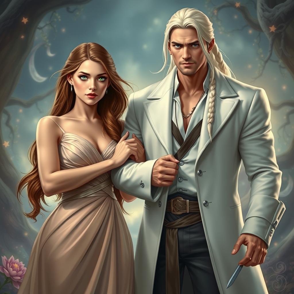 A beautiful young woman with long brown hair and striking green eyes, elegantly dressed in a flowing gown, stands confidently holding at arm's length a tall and powerful young man