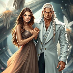 A beautiful young woman with long brown hair and striking green eyes, elegantly dressed in a flowing gown, stands confidently holding at arm's length a tall and powerful young man