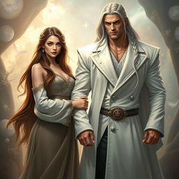 A beautiful young woman with long brown hair and striking green eyes, elegantly dressed in a flowing gown, stands confidently holding at arm's length a tall and powerful young man