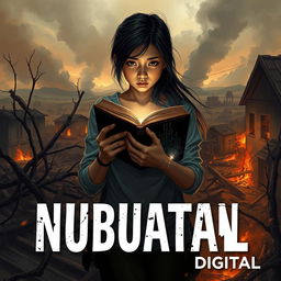A dramatic scene illustrating a young woman holding a book tightly in her arms amidst the ruins of a burnt-down house