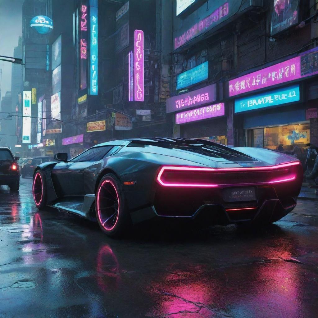 Cyberpunk transportation: High-tech vehicles with sleek aerodynamics, neon accent lights, and hover capabilities, darting through a bustling, neon-drenched city