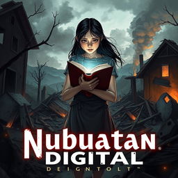 A dramatic scene illustrating a young woman holding a book tightly in her arms amidst the ruins of a burnt-down house