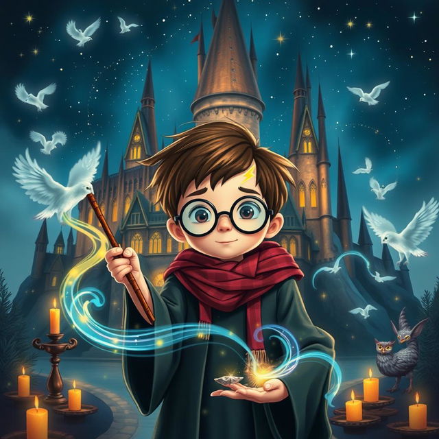 A whimsical and magical scene depicting a young wizard with a lightning-shaped scar on his forehead, wearing round glasses and a Hogwarts robe, standing in front of a majestic castle with towering spires under a starry night sky