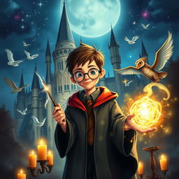 A whimsical and magical scene depicting a young wizard with a lightning-shaped scar on his forehead, wearing round glasses and a Hogwarts robe, standing in front of a majestic castle with towering spires under a starry night sky