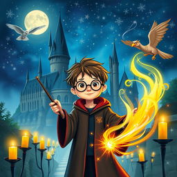 A whimsical and magical scene depicting a young wizard with a lightning-shaped scar on his forehead, wearing round glasses and a Hogwarts robe, standing in front of a majestic castle with towering spires under a starry night sky