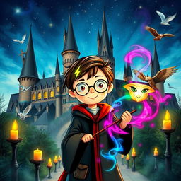 A whimsical and magical scene depicting a young wizard with a lightning-shaped scar on his forehead, wearing round glasses and a Hogwarts robe, standing in front of a majestic castle with towering spires under a starry night sky