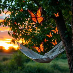 A serene scene featuring warm-colored butterflies fluttering gracefully around a cozy tree hammock