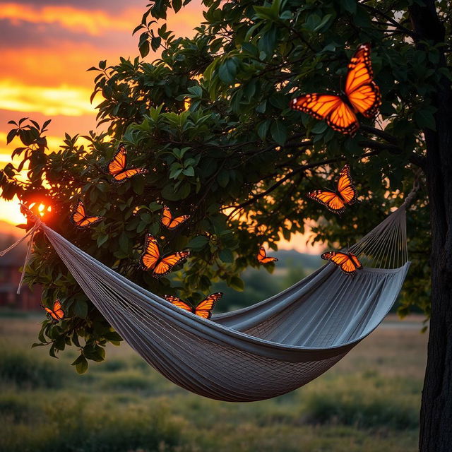 A serene scene featuring warm-colored butterflies fluttering gracefully around a cozy tree hammock