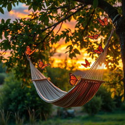 A serene scene featuring warm-colored butterflies fluttering gracefully around a cozy tree hammock