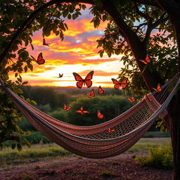 A serene scene featuring warm-colored butterflies fluttering gracefully around a cozy tree hammock