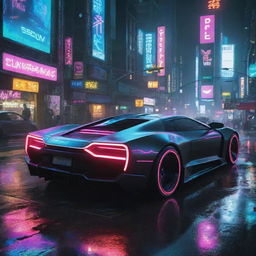 Cyberpunk transportation: High-tech vehicles with sleek aerodynamics, neon accent lights, and hover capabilities, darting through a bustling, neon-drenched city