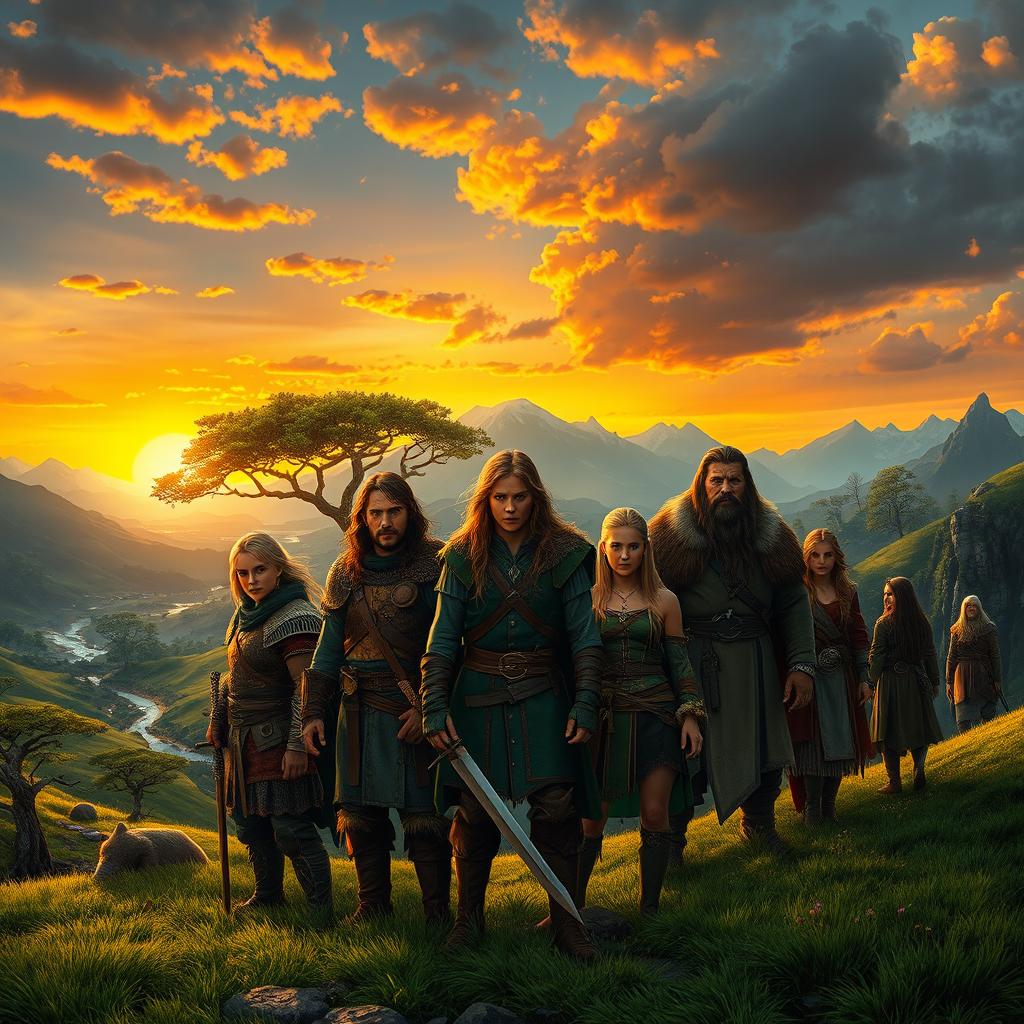 A fantasy scene inspired by 'The Lord of the Rings', featuring a majestic landscape of Middle-earth