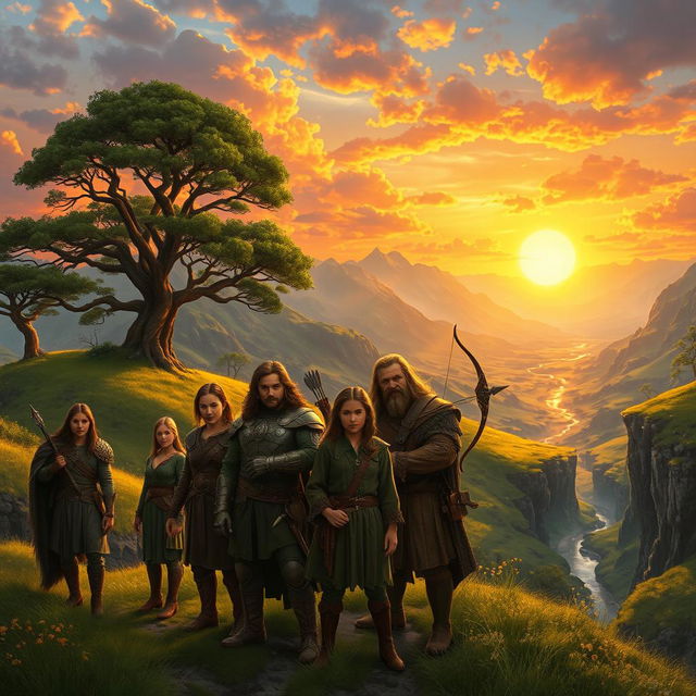 A fantasy scene inspired by 'The Lord of the Rings', featuring a majestic landscape of Middle-earth