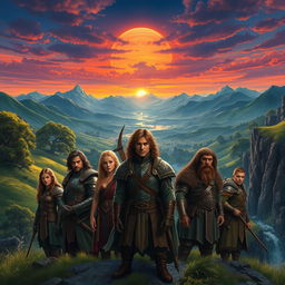 A fantasy scene inspired by 'The Lord of the Rings', featuring a majestic landscape of Middle-earth