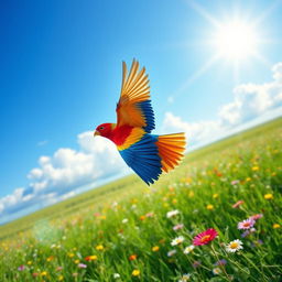 A colorful bird with vibrant feathers in primary colors (red, blue, and yellow) soaring gracefully over a lush green meadow