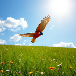 A colorful bird with vibrant feathers in primary colors (red, blue, and yellow) soaring gracefully over a lush green meadow