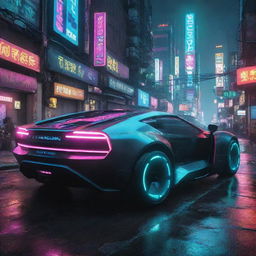 Cyberpunk transportation: High-tech vehicles with sleek aerodynamics, neon accent lights, and hover capabilities, darting through a bustling, neon-drenched city